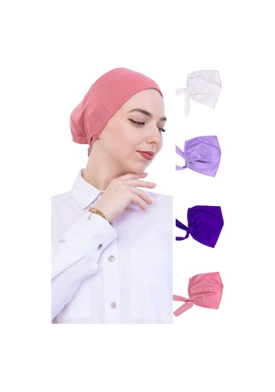 Modish Group Kadın Tesettür Bone Bağcıklı Dikişsiz Penye 4 Parça Set Mor, Lila, Krem, Gül Kurusu