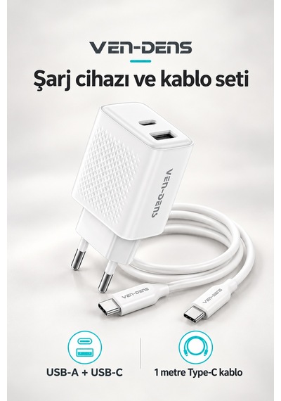 Ven-dens Vd-tc019bac01 20 W Type-c Ve 18 W Usb-a Hızlı Şarj Adaptörü, 1 Metre 60 W Pd Type-c, Beyaz