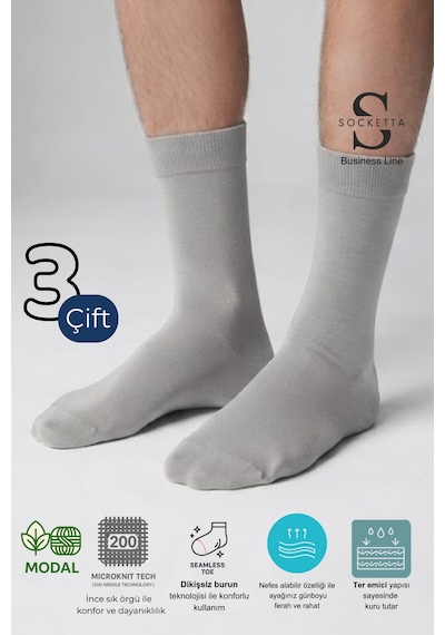 Socketta 3'lü Gri Erkek Business Modal Dikişsiz Takviyeli İnce Yazlık Soket Çorap - Premium Gri Socketta 3'lü Gri Erkek Business Modal Dikişsiz Takviyeli İnce Yazlık Soket Çorap - Premium Gri