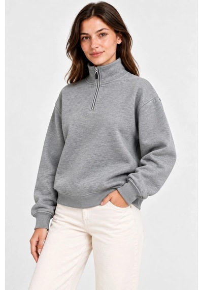 Kadın Üç İplik İçi Şardonlu Dik Yaka Yarım Fermuarlı Kışlık Sweatshirt - Gri Çok Renkli