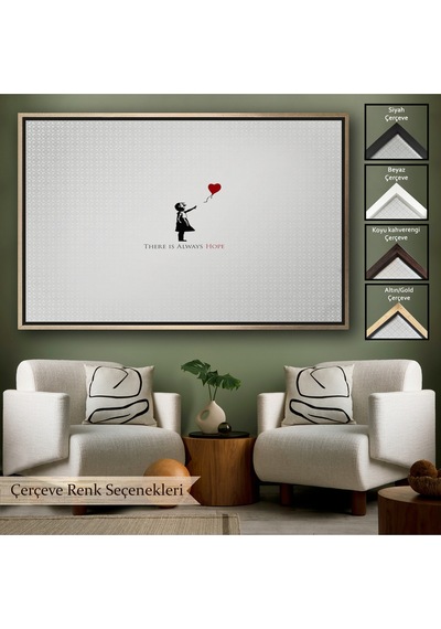 Çerçeveli Banksy Kırmızı Balonlu Kızın'ın Her Zaman Umut Vardır Yazılı Tablosu-5012