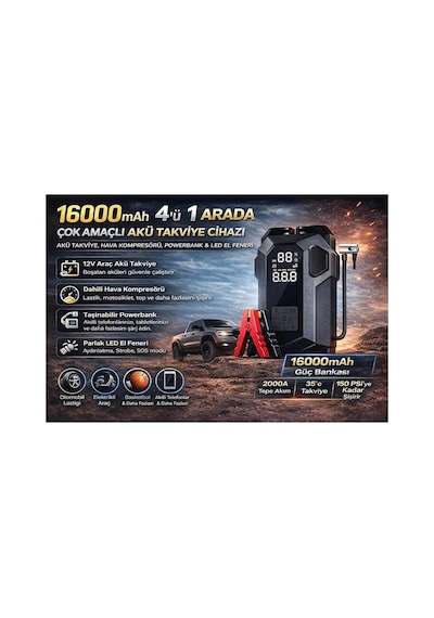 Akıllı Oto Akü Takviye Cihazı, 16000mah, 12v Dizel/benzinli Araçlar İçin, Hava Kompresörü, Powerbank Siyah Siyah