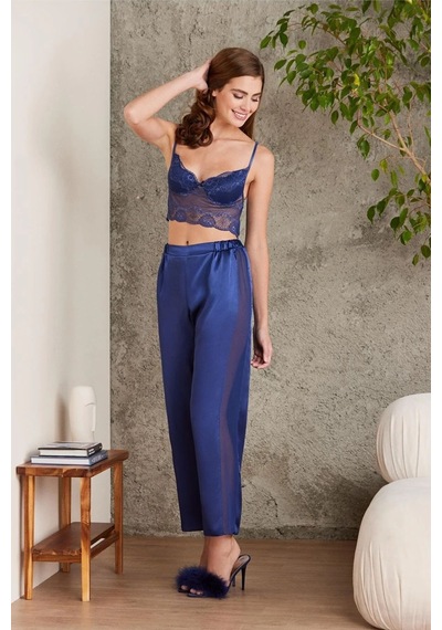 Pierre Cardin 7025 Kadın Lacivert 4'lü Saten Takım Gelin Set Lacivert