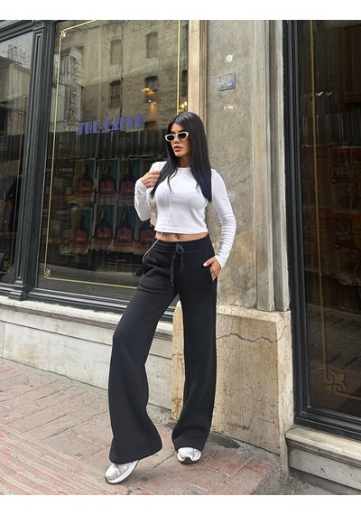 Out Of Standart Kadın Wide-leg Kalıp Beli Lastikli Kordon Detaylı Eşofman Altı Siyah