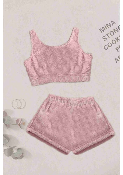 Merry See Tek Renk 1 Takım Kolsuz Askılı Peluş Polar Alt Üst Şortlu Pijama Takımı Pembe Açık 001