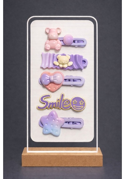 Kız Çocuk 5 Li Toka Seti Sevimli Ayıcık, Kalp, Yıldız Ve Smile Figürlü Renkli Saç Tokası Mor