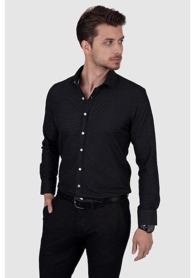Beyaz Nokta Desenli Siyah Slimfit Erkek Gömlek Siyah