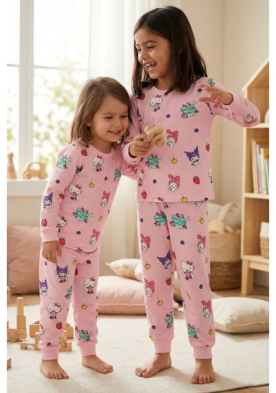 Cute Hello Kitty Ve Kuromi Desenli Kız Çocuk Pijama Takımı Pembe