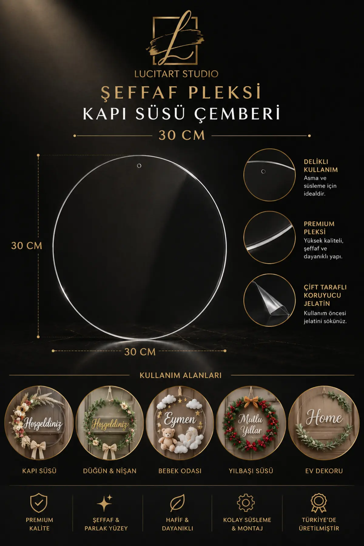 Studio Şeffaf Pleksi Çember 30 Cm 2mm Kalınlığında Kapı Süsü & Dekor Tasarım Halkası Kapı Süsü Çemberi Delikli Yuvarlak Boş Pleksi 30 x 30 CM