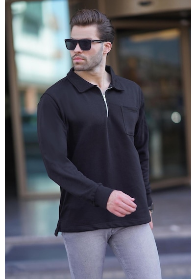 Madmext Siyah Polo Yaka Fermuarlı Uzun Kollu Erkek Sweatshirt 7057 Siyah