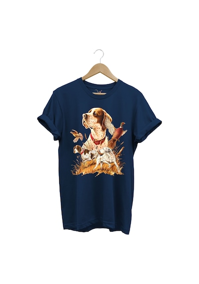 Avcılık Desenli Av Köpeği İngiliz Pointer Setter Sülün Vahşi Yaşam Baskılı Regular Fit T-shirt Lacivert