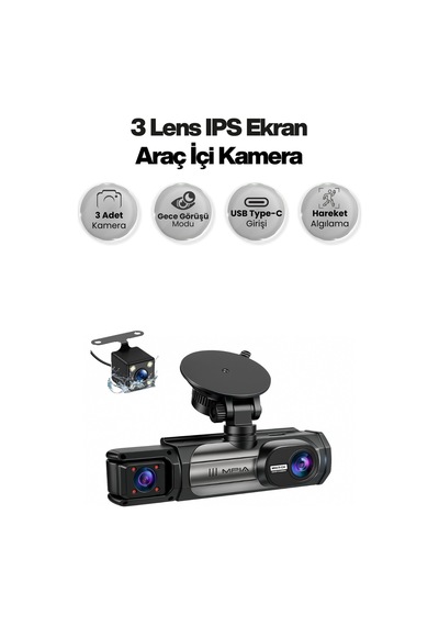1080p Ön Arka Ve Araç İçi Kayıt Kamerası 3 Kamera Lens Hareket Algılama Park Yardım 3.16inç Ekran