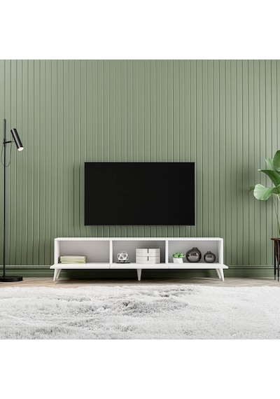 1240 Eva 3 Kapaklı Kulpsuz 150 Cm Ayaklı Tv Ünitesi Beyaz