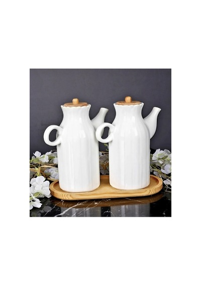2 Li Set 6 Parça Bambu Standlı Papatya Porselen 1000ml Yağdanlık Ve 3 Lu Kavanoz Saklama Seti Beyaz Beyaz