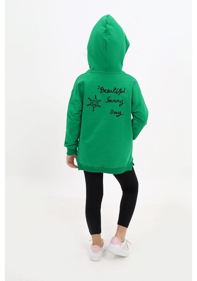 Toontoy Kids Toontoy Kız Çocuk 2'li Takım Baskılı Kapüşonlu Düşük Omuz Cepli Yırtmaçlı Sweatshirt & Basic Düz Tayt Çimen Yeşili
