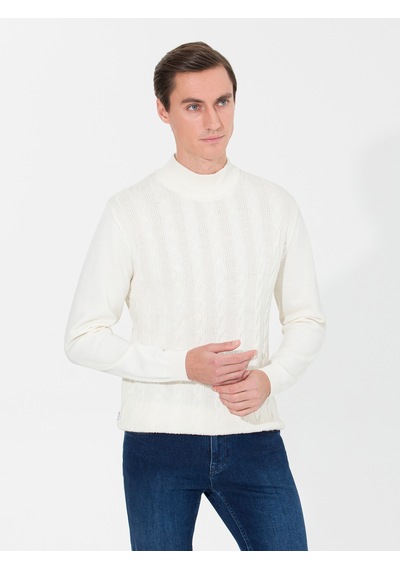 Cacharel Ekru Slim Fit Çeyrek Balıkçı Yaka Triko Kazak Bej