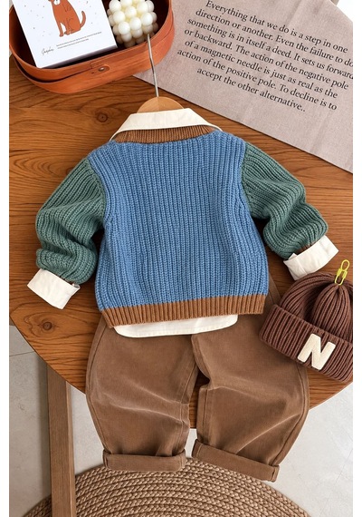 Minigimin Cicileri Triko Hırkalı Gömlekli Erkek Bebek 3 Lü Takım - Mavi