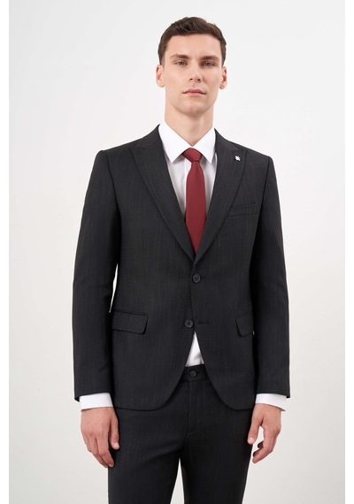 Morven Erkek Siyah Poliviskon Trend Desenli Slim Fit Sivri Yaka Takım Elbise 25mc001002001 Siyah