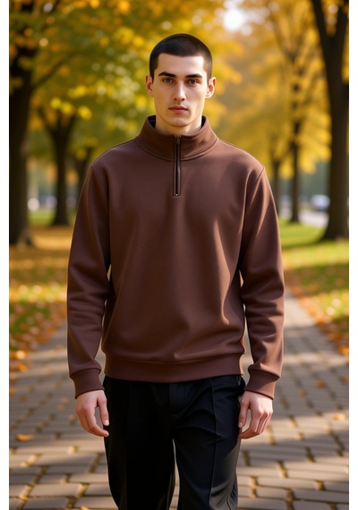 Benerly Erkek Dik Yaka Fermuarlı %100 Pamuk Regular Sweatshirt Fonksiyone Kahverengi