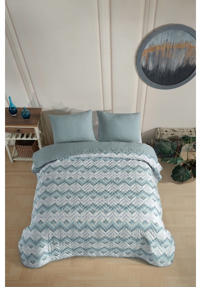 Çift Kişilik Desenli Kapitone Çift Taraflı Renkli Pike Yatak Örtüsü Takımı 200x230 Cm Çarşafsız Yeşil