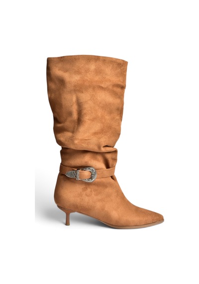 Fox Shoes Z726105702 Taba Süet İnce Topuklu Büzgülü Kadın Çizme