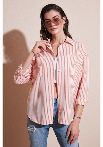 Lela Regular Fit Uzun Kollu Çizgili Bayan Gömlek 6772875 Oranj