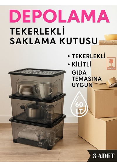 60 Litre 3 Adet Saklama Kutusu Siyah