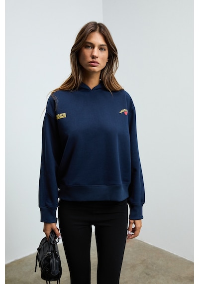 Grımelange ISROP Kadın Yumuşak Kumaşlı Baskılı Kapüşonlu Lacivert Sweatshirt