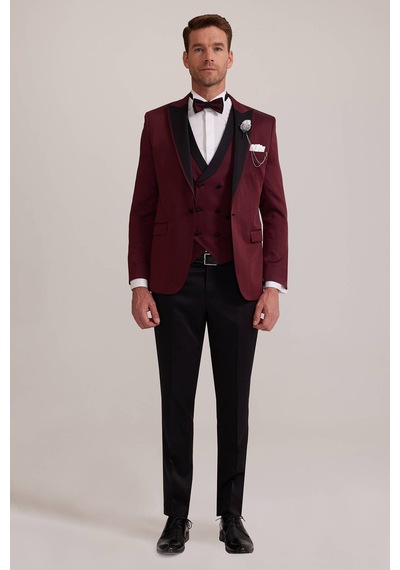 Ysf Erkek Bordo Kırlangıç Yaka Yelekli Slim Fit Desenli Damatlık