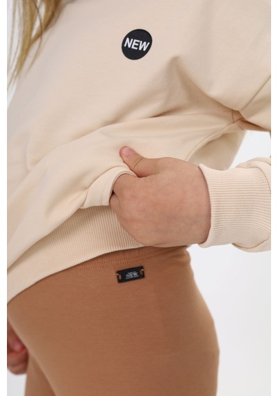 Toontoy Kids Toontoy Kız Çocuk 2'li Takım Baskılı Bisiklet Yaka Düşük Omuz Cepli Sweatshirt & Basic Düz Tayt Bej