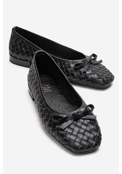 Luvishoes Garen Siyah Örgü Hakiki Deri Fiyonklu Kadın Babet Ayakkabı