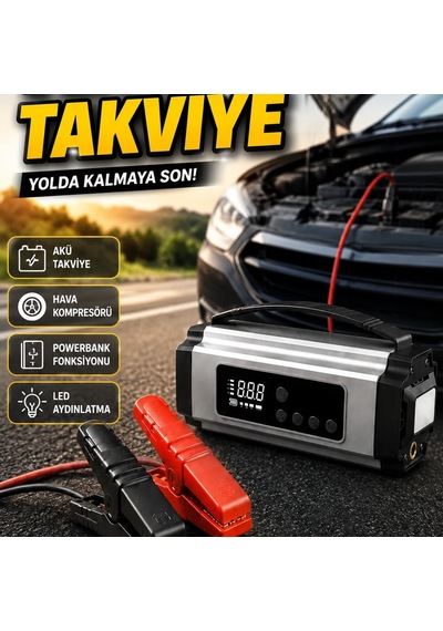 Dijital Ekranlı Akü Takviye Cihazı Hava Kompresörü Powerbank Ve Led Fener Çok Fonksiyonlu Acil Güç Ü
