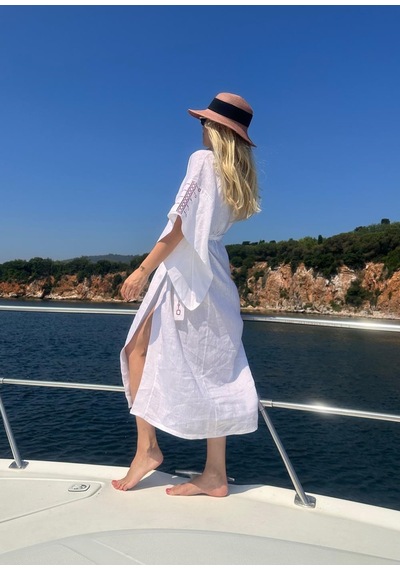 Mayovera Kimono - Nakışlı Beyaz %100 Keten Plaj Elbisesi Beyaz