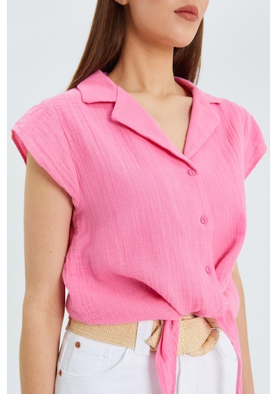 Mixray 4555 Kadın Önü Bağlamalı Müslin Crop Gömlek Pembe