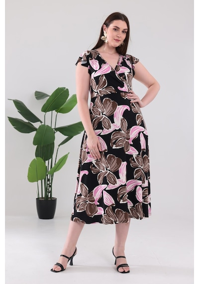 Madwilo Kadın Pembe Floral Desen Fırfır Kol Kruvaze Yaka Büyük Beden Esnek Maxi Elbise