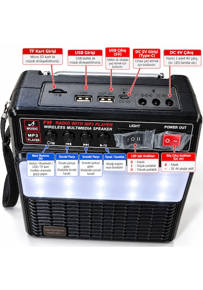 2730sl Solar Şarjlı Bluetooth Hoparlör Fm Radyo Usb/tf Kart Led Fener Kamp Lambası Powerbank