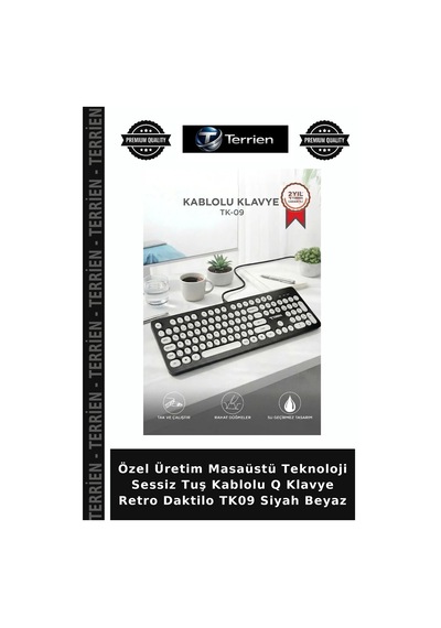 Özel Üretim Masaüstü Teknoloji Sessiz Tuş Kablolu Q Klavye Retro Daktilo Tk09 Siyah Beyaz
