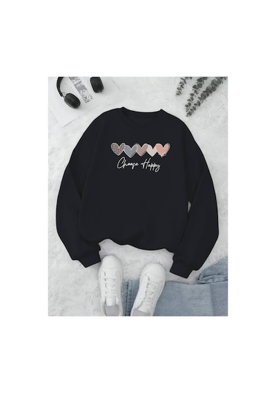 Medinenur Choose Happy Baskılı Kapüşonlu Sweatshirt Siyah