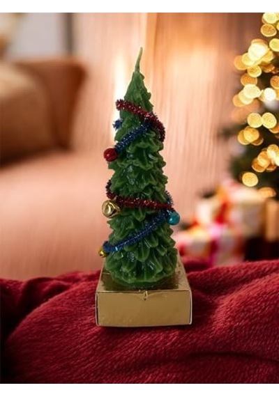 Dekoratif Noel Ağacı Mumu, El Yapımı Yeşil Balmumu, Tinsel Ve Süslemeli, Yılbaşı Temalı, 15 Cm 50 x 22