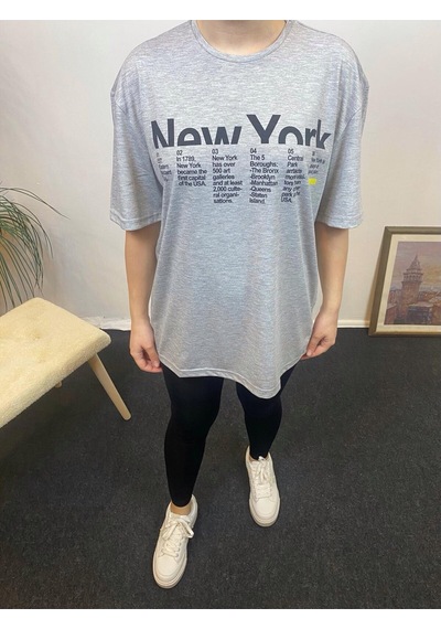 Kadın Bisiklet Yaka Oversize Kalıp New York Baskılı Tişort Spr24tsk112 Gri Melanj