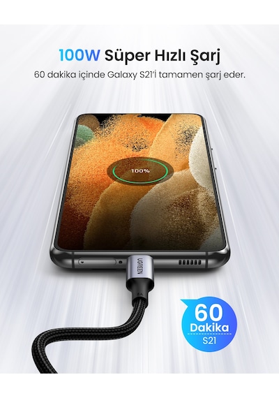 Ugreen Usb-c 100w 5a Qc Pd 90 Derece Örgülü Hızlı Şarj Kablosu, 2 Metre, Siyah, 70645 -