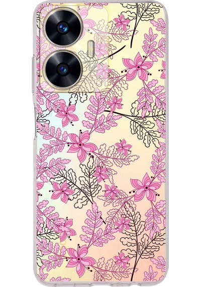 Realme C55 Uyumlu Kamera Korumalı Floral Pembe Tasarımlı Şeffaf Silikon Kılıf