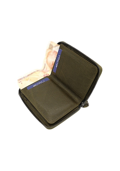 Westpolo Hakiki Deri Kağıt Para Ve Bol Kart Bölmeli Fermuarlı Unisex Cüzdan - Haki16 Haki