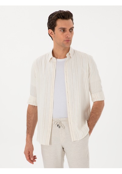 Cacharel Bej Slim Fit Çizgili Keten Karışımlı Gömlek