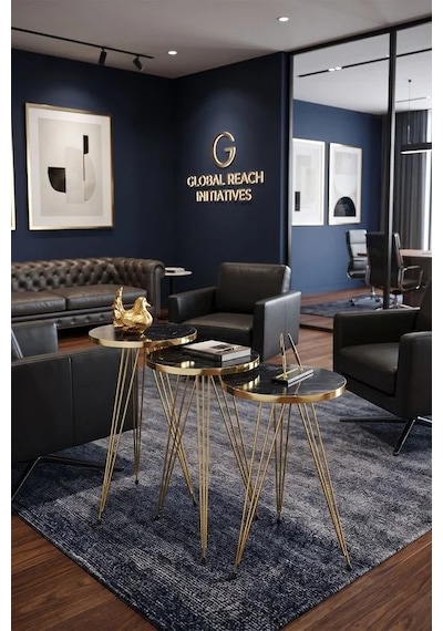 Odera Bendir Siyah Mermer Desenli Yuvarlak Zigon Sehpa 3'lü Set Gold Pvc Kenarlı Metal Ayaklı Retro Salon Sehpası Diğer
