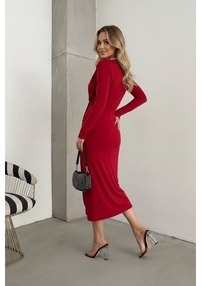 Defymoda Kadın Kruvaze Yaka Şık Tasarım Elbise Kırmızı