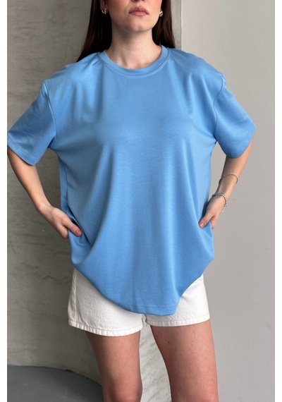 Balenbi Kadın Modal Bisiklet Yaka Basic Yarım Kollu T-shirt 1211 Mavi
