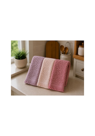 3'lü Jakarlı Püsküllü Mutfak Havlusu Seti 30x50 Cm %100 Pamuk - Softrosette Çok Renkli