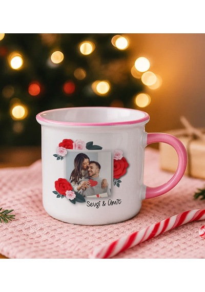 Bk Gift Kişiye Özel İsimli Fotoğraflı Pembe Emaye Kupa Bardak -1, Arkadaşa Hediye, Sevgiliye Hediye