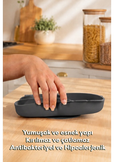 Porsima Mys34005 Silikon 3 Bölmeli Kaymaz Bebek Mama Tabağı Antrasit 14 21cm